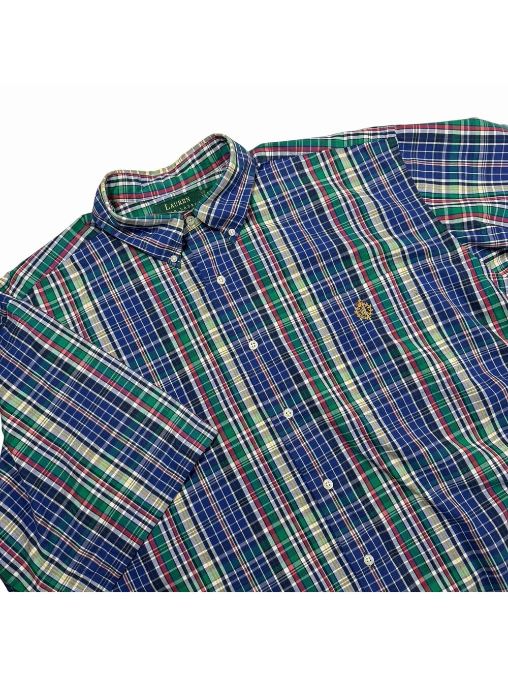 Lauren Ralph Lauren Men's XL Blue Green Plaid Short Sleeve Button Down Shirt